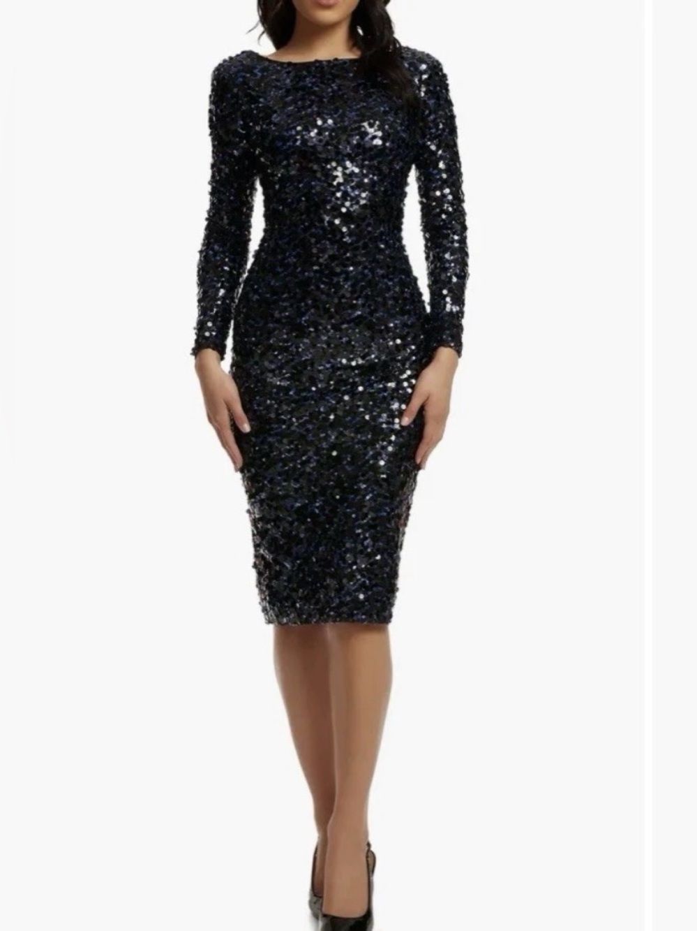 NEW, Dress the Population Emery Long Sleeve Sequin Dress navy SZ M  #MD0150